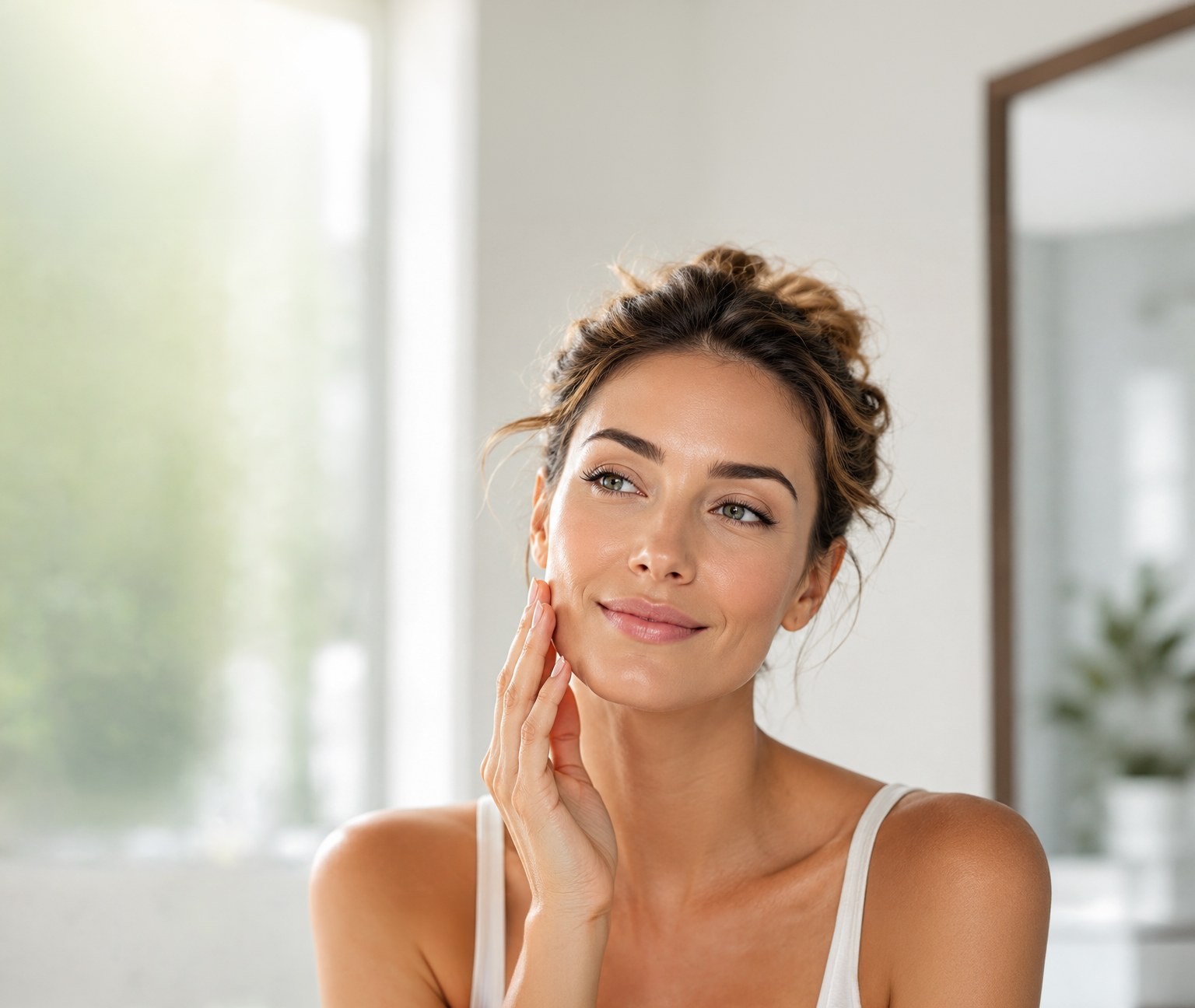A woman touching her cheek and smiling